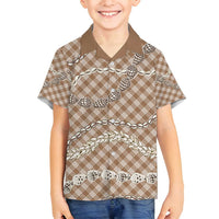 Brown Aloha Hawaii Shell Lei Family Matching Off Shoulder Short Dress and Hawaiian Shirt Palaka Hebrew Cone Honey Cowrie Elegant Curves - Polynesian Pride