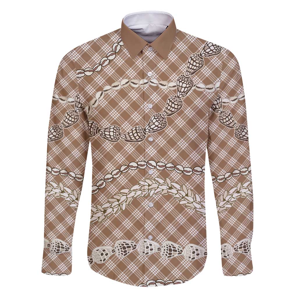 Brown Aloha Hawaii Shell Lei Family Matching Puletasi and Hawaiian Shirt Palaka Hebrew Cone Honey Cowrie Elegant Curves - Polynesian Pride