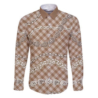 Brown Aloha Hawaii Shell Lei Family Matching Short Sleeve Bodycon Dress and Hawaiian Shirt Palaka Hebrew Cone Honey Cowrie Elegant Curves - Polynesian Pride