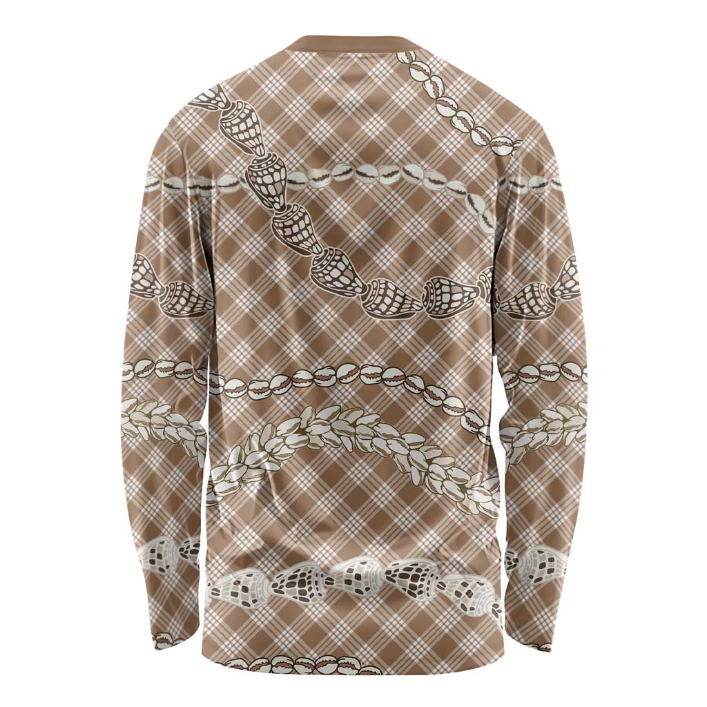 Brown Aloha Hawaii Shell Lei Long Sleeve Shirt Palaka Hebrew Cone Honey Cowrie Elegant Curves - Polynesian Pride