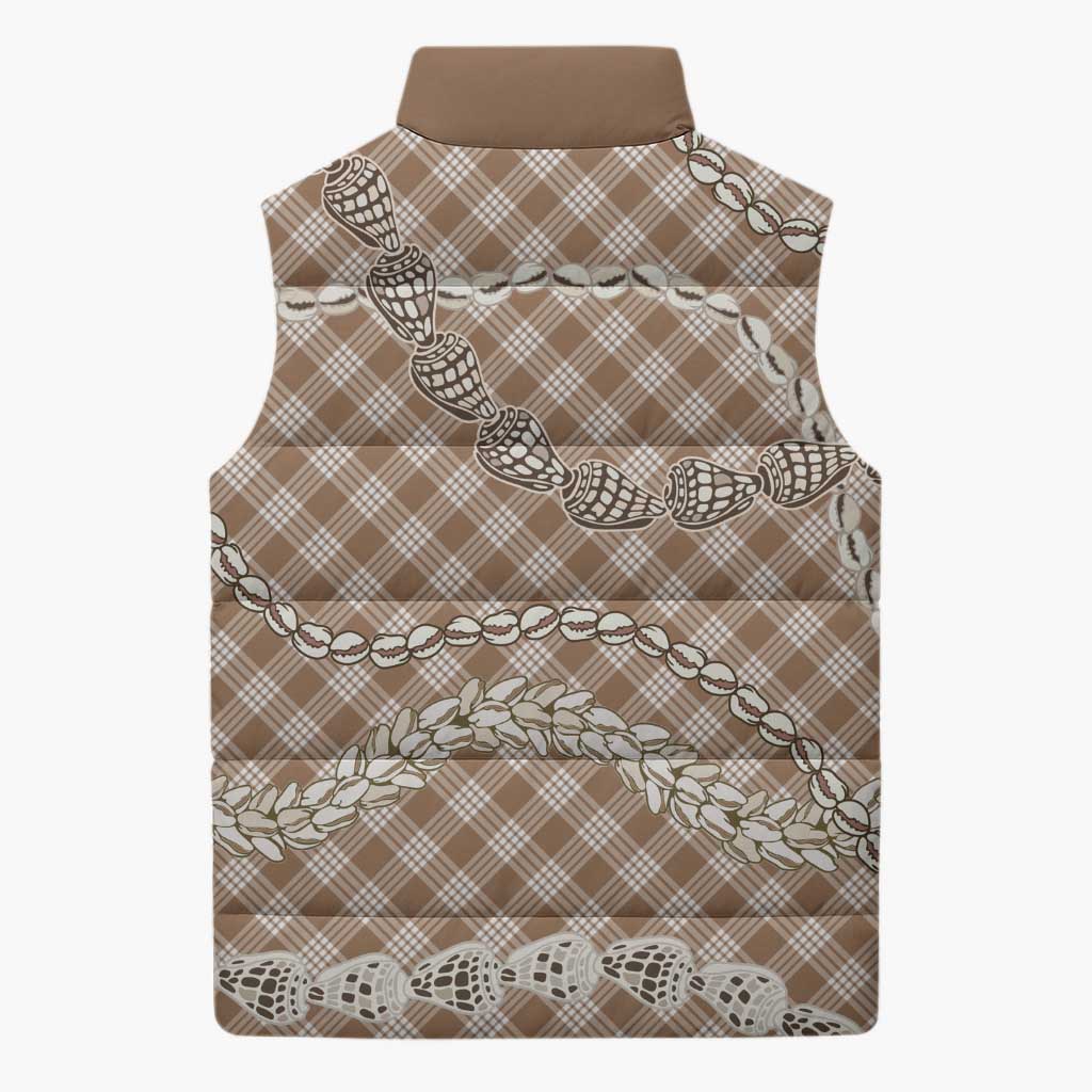 Brown Aloha Hawaii Shell Lei Sleeveless Puffer Jacket Palaka Hebrew Cone Honey Cowrie Elegant Curves - Polynesian Pride
