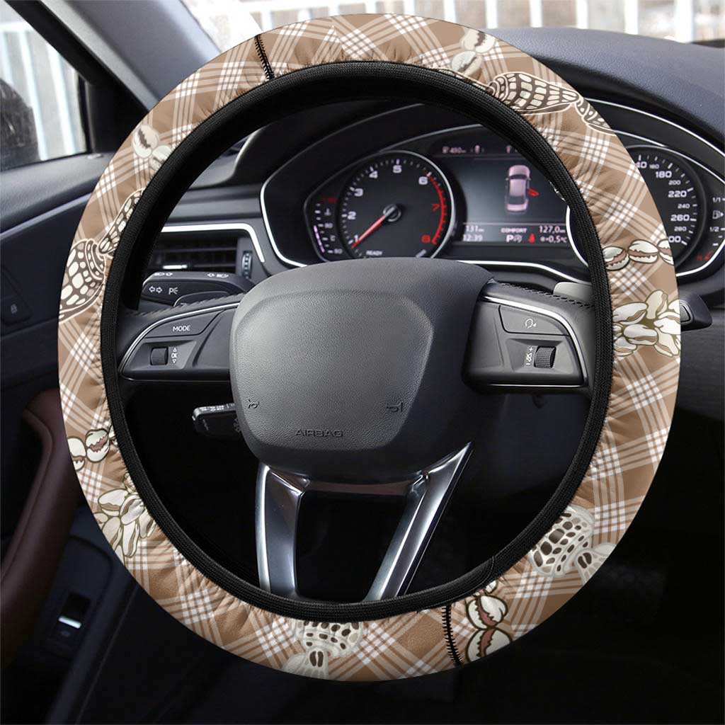 Brown Aloha Hawaii Shell Lei Steering Wheel Cover Palaka Hebrew Cone Honey Cowrie Elegant Curves - Polynesian Pride