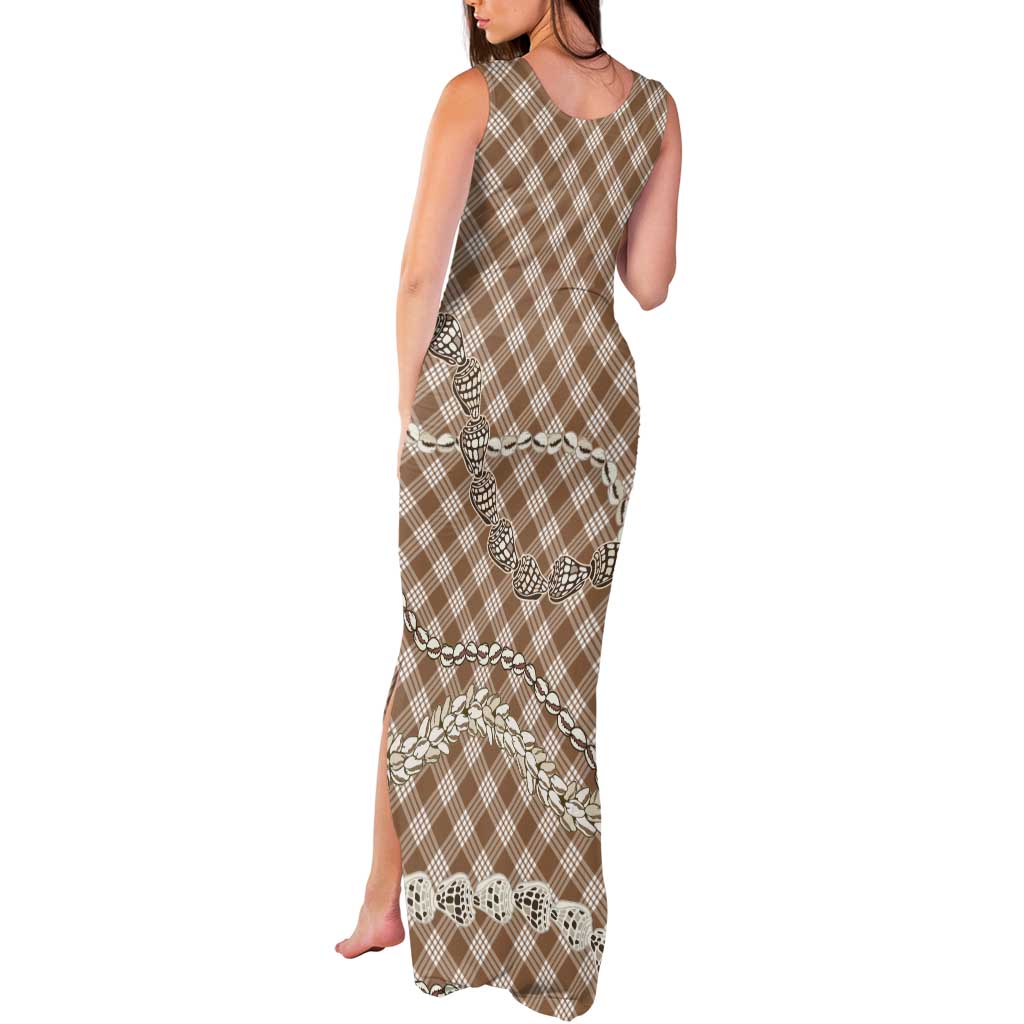 Brown Aloha Hawaii Shell Lei Tank Maxi Dress Palaka Hebrew Cone Honey Cowrie Elegant Curves - Polynesian Pride