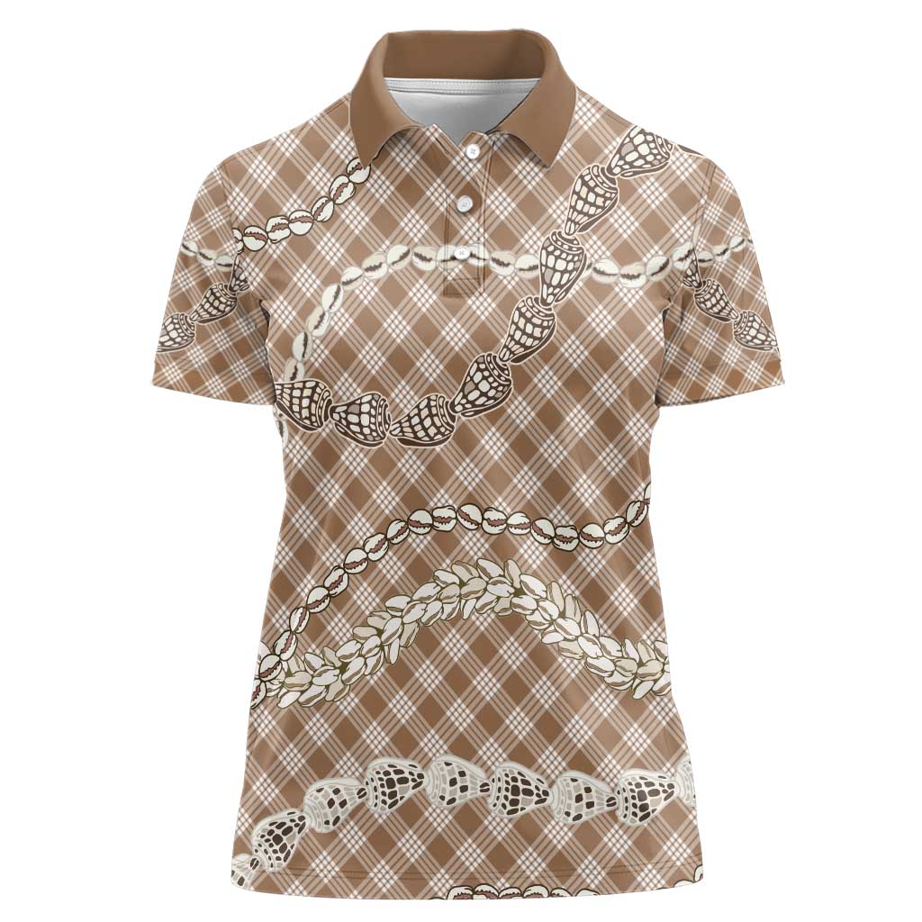 Brown Aloha Hawaii Shell Lei Women Polo Shirt Palaka Hebrew Cone Honey Cowrie Elegant Curves - Polynesian Pride