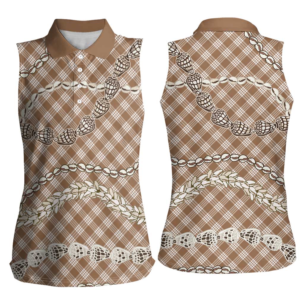 Brown Aloha Hawaii Shell Lei Women Sleeveless Polo Shirt Palaka Hebrew Cone Honey Cowrie Elegant Curves - Polynesian Pride