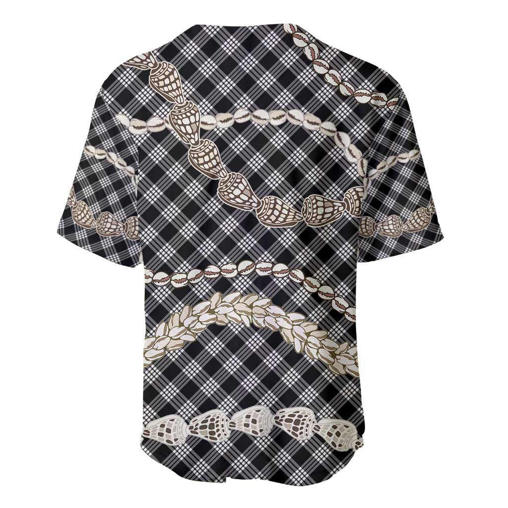 Black Aloha Hawaii Shell Lei Baseball Jersey Palaka Hebrew Cone Honey Cowrie Elegant Curves - Polynesian Pride