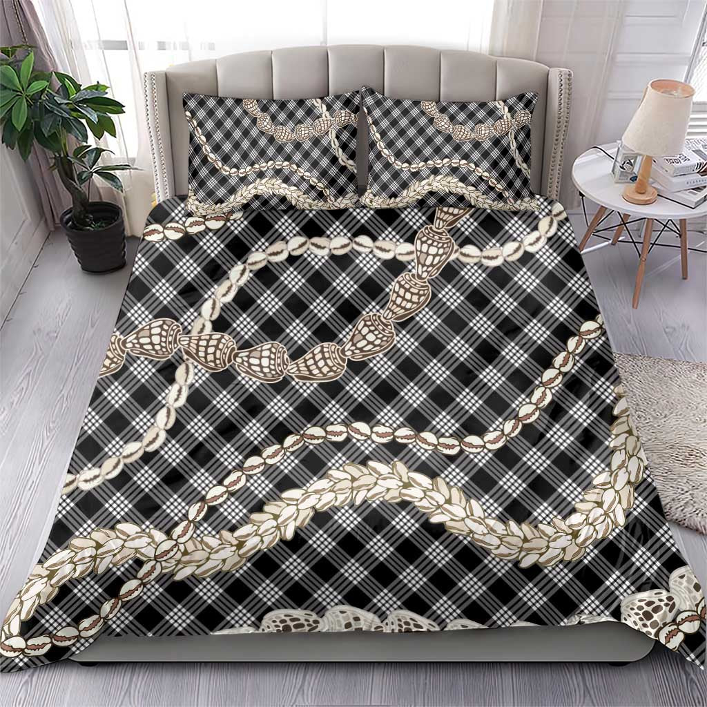 Black Aloha Hawaii Shell Lei Bedding Set Palaka Hebrew Cone Honey Cowrie Elegant Curves - Polynesian Pride