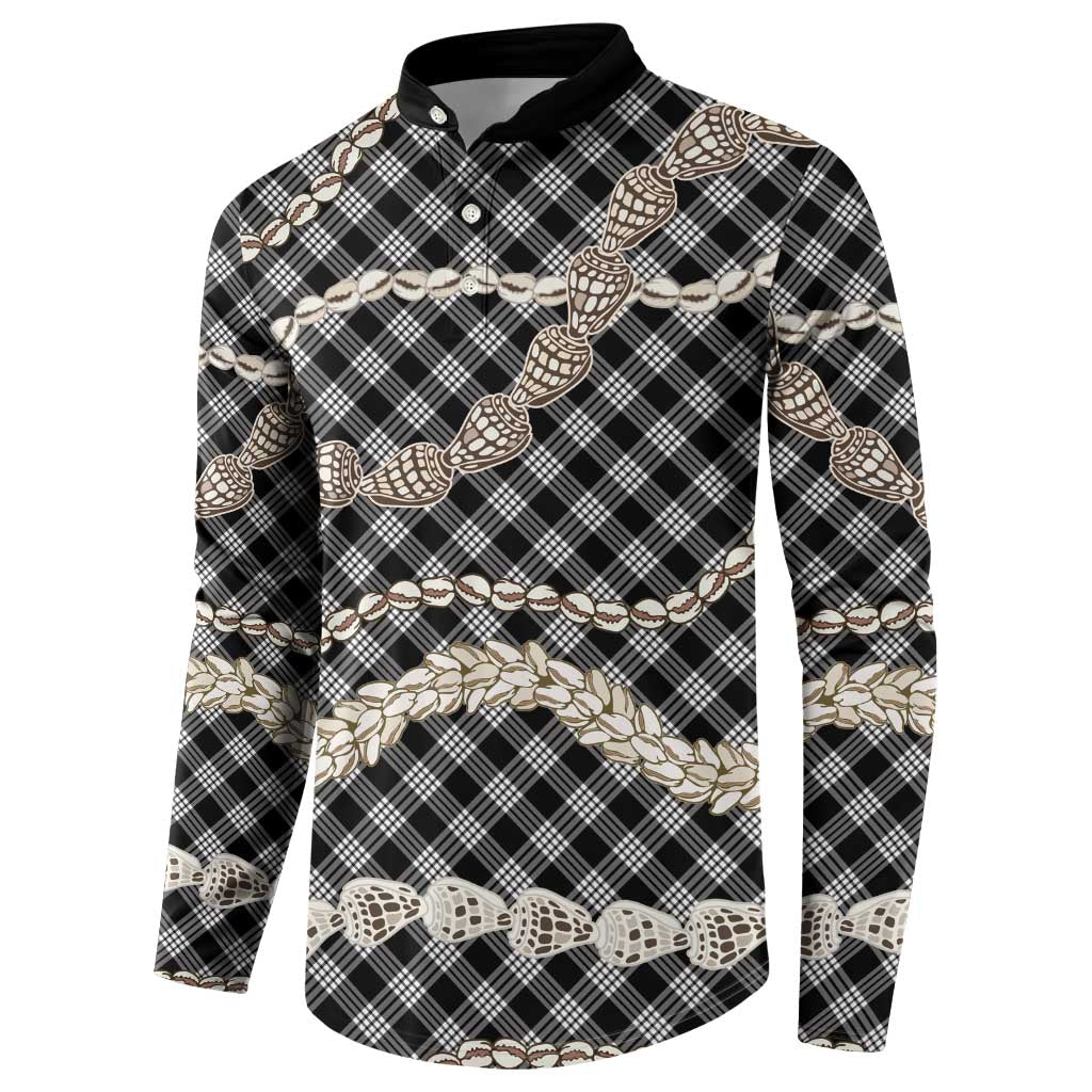 Black Aloha Hawaii Shell Lei Button Sweatshirt Palaka Hebrew Cone Honey Cowrie Elegant Curves - Polynesian Pride