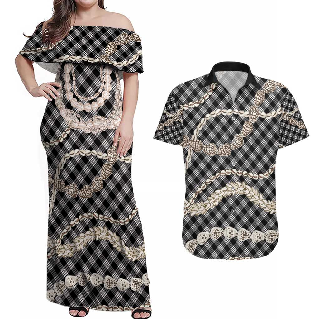 Black Aloha Hawaii Shell Lei Couples Matching Off Shoulder Maxi Dress and Hawaiian Shirt Palaka Hebrew Cone Honey Cowrie Elegant Curves - Polynesian Pride