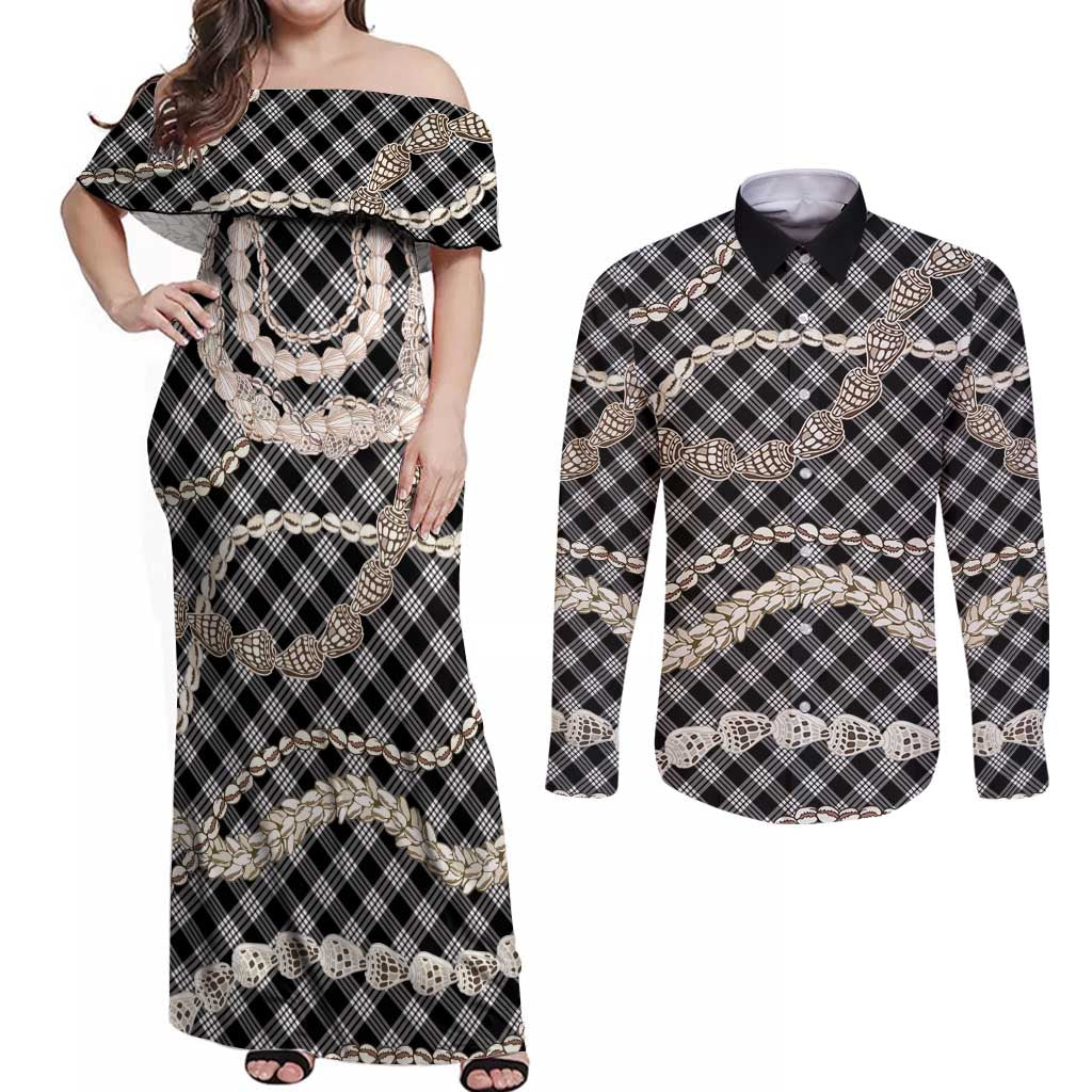 Black Aloha Hawaii Shell Lei Couples Matching Off Shoulder Maxi Dress and Long Sleeve Button Shirt Palaka Hebrew Cone Honey Cowrie Elegant Curves - Polynesian Pride