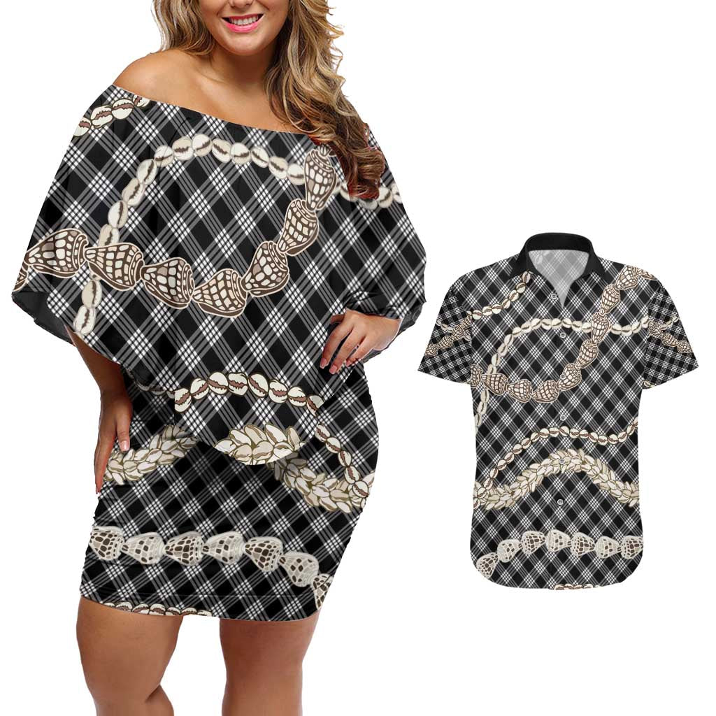 Black Aloha Hawaii Shell Lei Couples Matching Off Shoulder Short Dress and Hawaiian Shirt Palaka Hebrew Cone Honey Cowrie Elegant Curves - Polynesian Pride