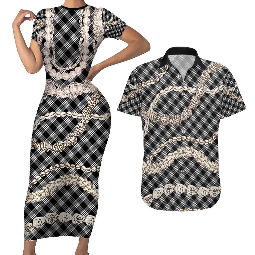 Black Aloha Hawaii Shell Lei Couples Matching Short Sleeve Bodycon Dress and Hawaiian Shirt Palaka Hebrew Cone Honey Cowrie Elegant Curves - Polynesian Pride