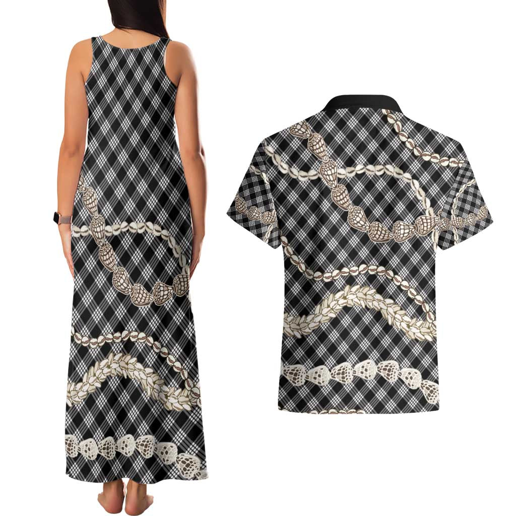 Black Aloha Hawaii Shell Lei Couples Matching Tank Maxi Dress and Hawaiian Shirt Palaka Hebrew Cone Honey Cowrie Elegant Curves - Polynesian Pride
