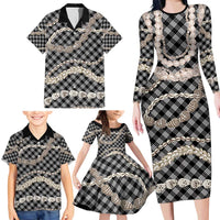 Black Aloha Hawaii Shell Lei Family Matching Long Sleeve Bodycon Dress and Hawaiian Shirt Palaka Hebrew Cone Honey Cowrie Elegant Curves - Polynesian Pride