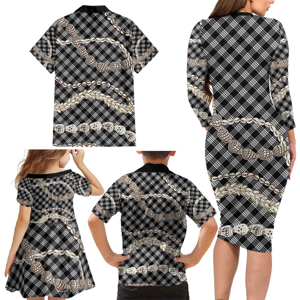 Black Aloha Hawaii Shell Lei Family Matching Long Sleeve Bodycon Dress and Hawaiian Shirt Palaka Hebrew Cone Honey Cowrie Elegant Curves - Polynesian Pride