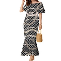 Black Aloha Hawaii Shell Lei Family Matching Mermaid Dress and Hawaiian Shirt Palaka Hebrew Cone Honey Cowrie Elegant Curves - Polynesian Pride