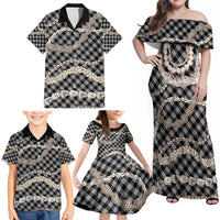 Black Aloha Hawaii Shell Lei Family Matching Off Shoulder Maxi Dress and Hawaiian Shirt Palaka Hebrew Cone Honey Cowrie Elegant Curves - Polynesian Pride