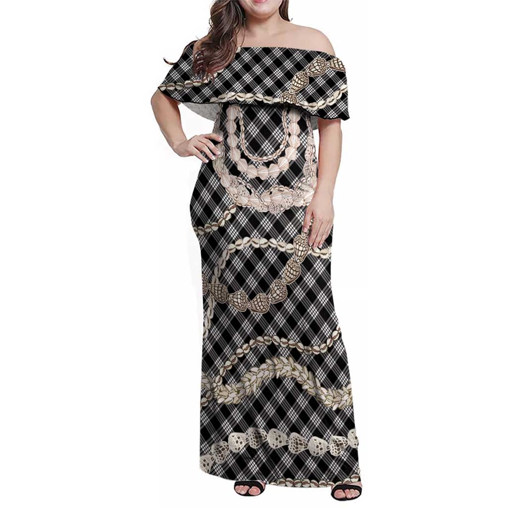 Black Aloha Hawaii Shell Lei Family Matching Off Shoulder Maxi Dress and Hawaiian Shirt Palaka Hebrew Cone Honey Cowrie Elegant Curves - Polynesian Pride
