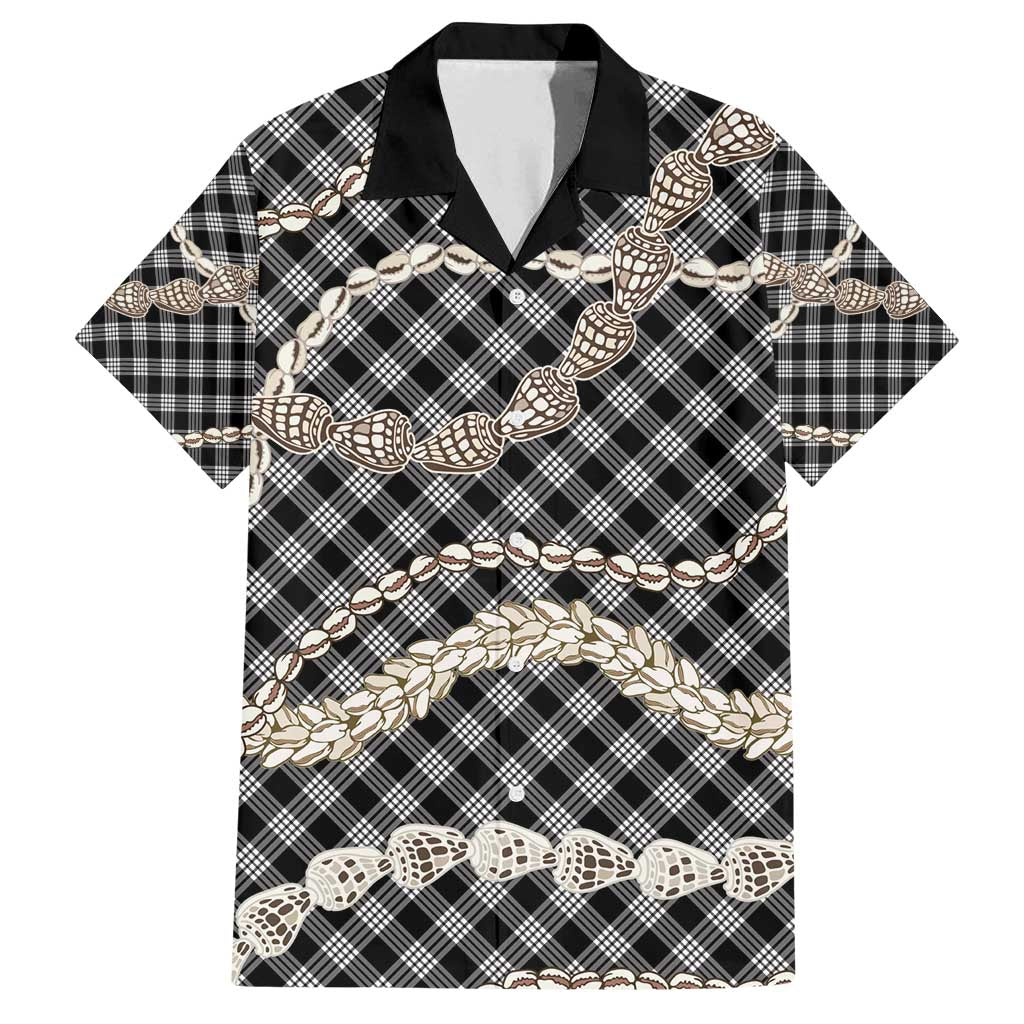 Black Aloha Hawaii Shell Lei Family Matching Off Shoulder Short Dress and Hawaiian Shirt Palaka Hebrew Cone Honey Cowrie Elegant Curves - Polynesian Pride