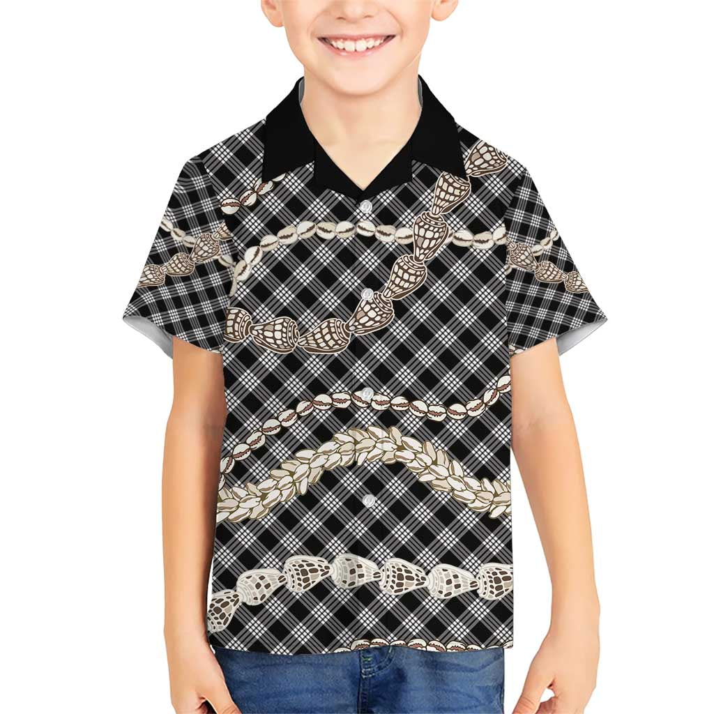 Black Aloha Hawaii Shell Lei Family Matching Short Sleeve Bodycon Dress and Hawaiian Shirt Palaka Hebrew Cone Honey Cowrie Elegant Curves - Polynesian Pride