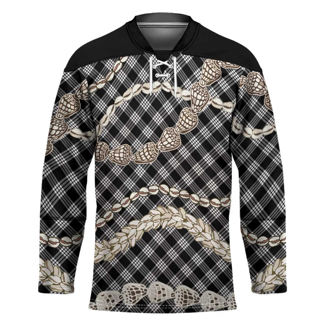 Black Aloha Hawaii Shell Lei Hockey Jersey Palaka Hebrew Cone Honey Cowrie Elegant Curves - Polynesian Pride