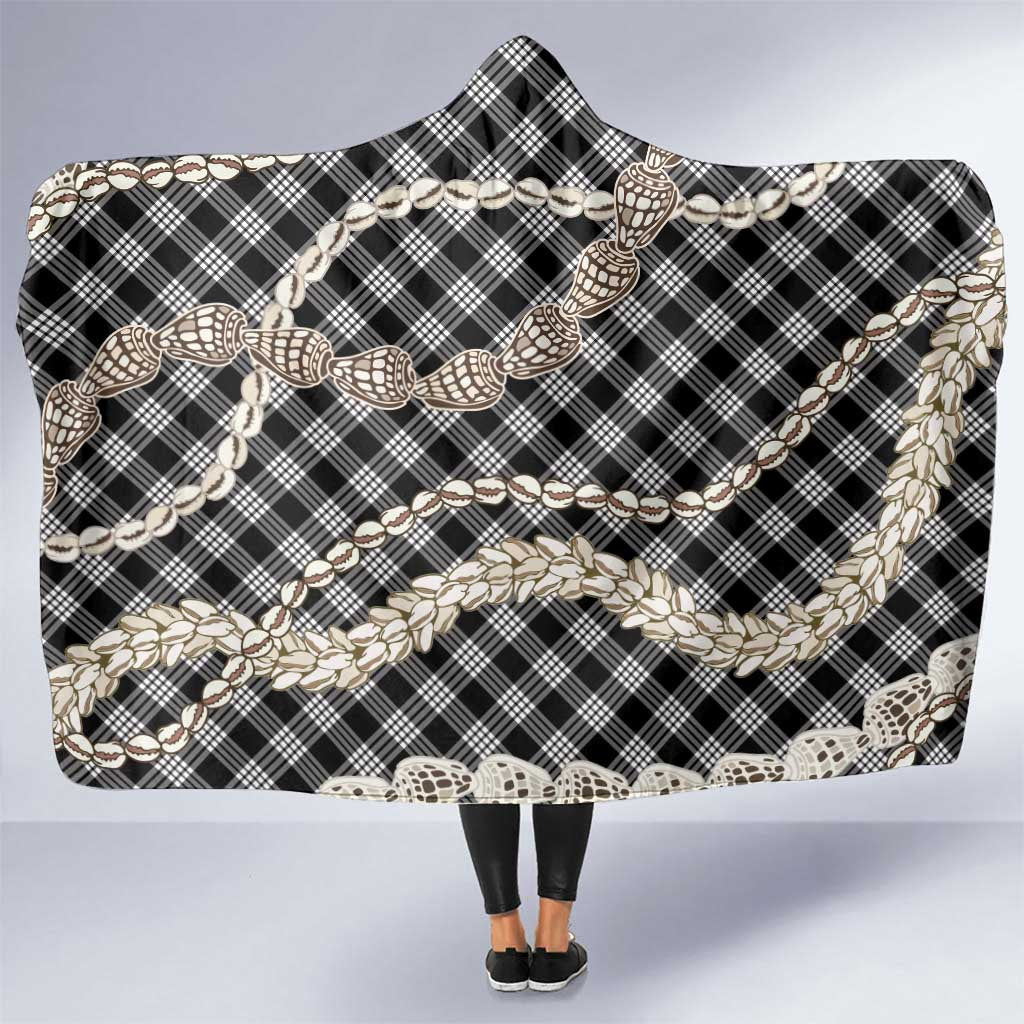 Black Aloha Hawaii Shell Lei Hooded Blanket Palaka Hebrew Cone Honey Cowrie Elegant Curves - Polynesian Pride