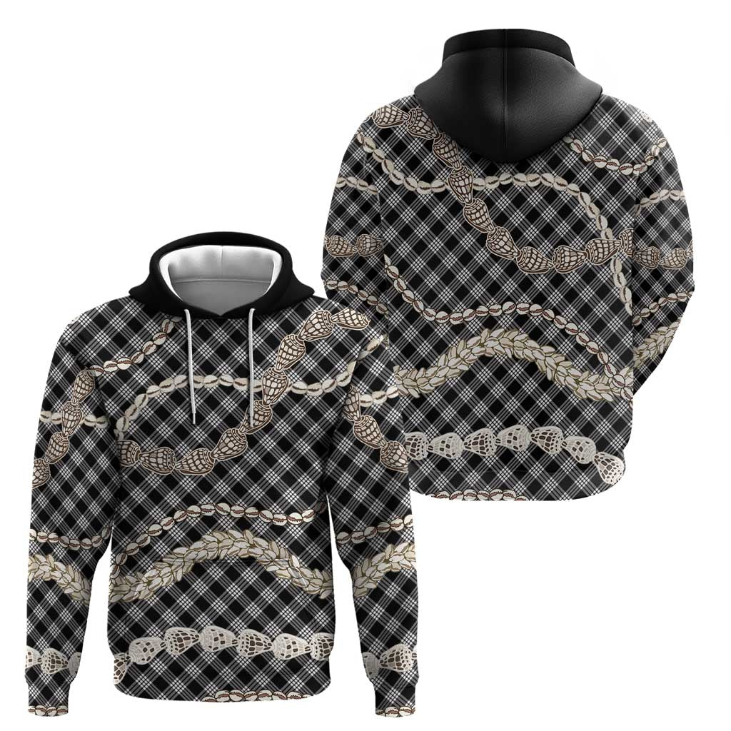Black Aloha Hawaii Shell Lei Hoodie Palaka Hebrew Cone Honey Cowrie Elegant Curves - Polynesian Pride