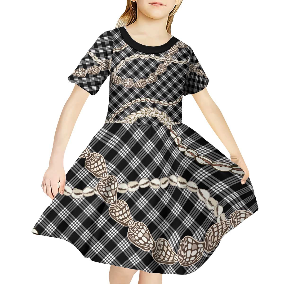 Black Aloha Hawaii Shell Lei Kid Short Sleeve Dress Palaka Hebrew Cone Honey Cowrie Elegant Curves - Polynesian Pride