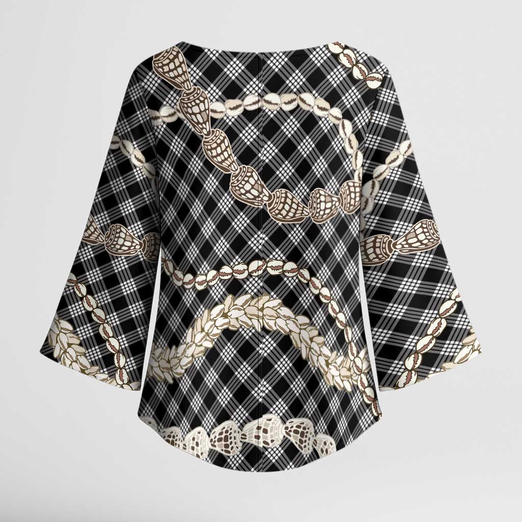 Black Aloha Hawaii Shell Lei Kimono Sleeve Blouse Palaka Hebrew Cone Honey Cowrie Elegant Curves - Polynesian Pride