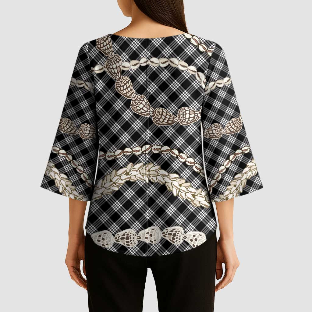 Black Aloha Hawaii Shell Lei Kimono Sleeve Blouse Palaka Hebrew Cone Honey Cowrie Elegant Curves - Polynesian Pride