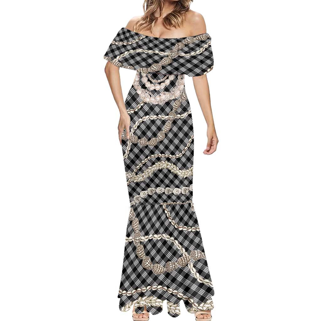 Black Aloha Hawaii Shell Lei Mermaid Dress Palaka Hebrew Cone Honey Cowrie Elegant Curves - Polynesian Pride