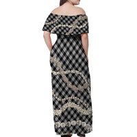 Black Aloha Hawaii Shell Lei Off Shoulder Maxi Dress Palaka Hebrew Cone Honey Cowrie Elegant Curves - Polynesian Pride