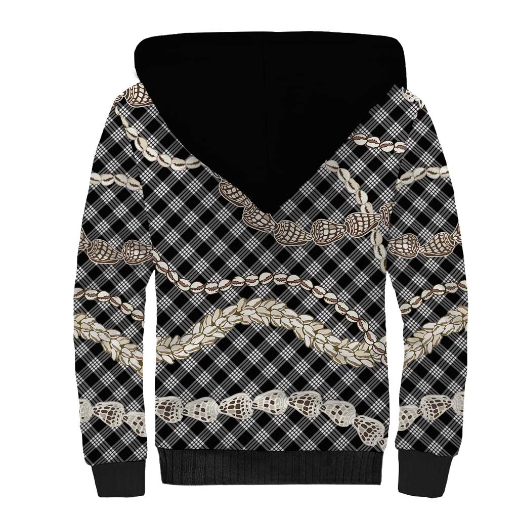 Black Aloha Hawaii Shell Lei Sherpa Hoodie Palaka Hebrew Cone Honey Cowrie Elegant Curves - Polynesian Pride