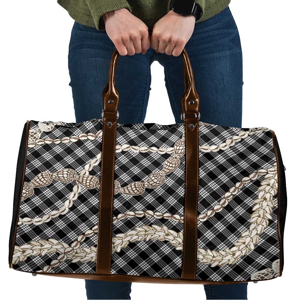 Black Aloha Hawaii Shell Lei Travel Bag Palaka Hebrew Cone Honey Cowrie Elegant Curves - Polynesian Pride