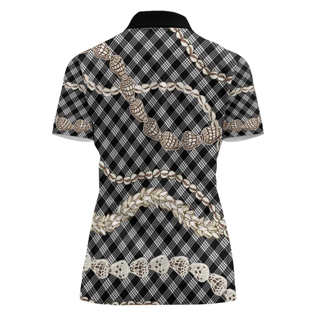 Black Aloha Hawaii Shell Lei Women Polo Shirt Palaka Hebrew Cone Honey Cowrie Elegant Curves - Polynesian Pride