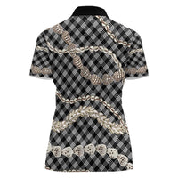 Black Aloha Hawaii Shell Lei Women Polo Shirt Palaka Hebrew Cone Honey Cowrie Elegant Curves - Polynesian Pride
