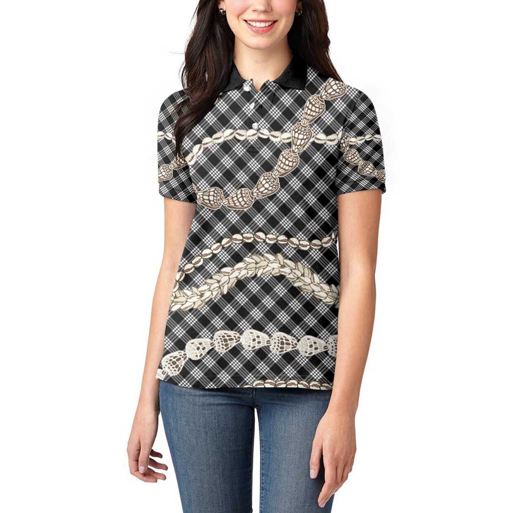 Black Aloha Hawaii Shell Lei Women Polo Shirt Palaka Hebrew Cone Honey Cowrie Elegant Curves - Polynesian Pride
