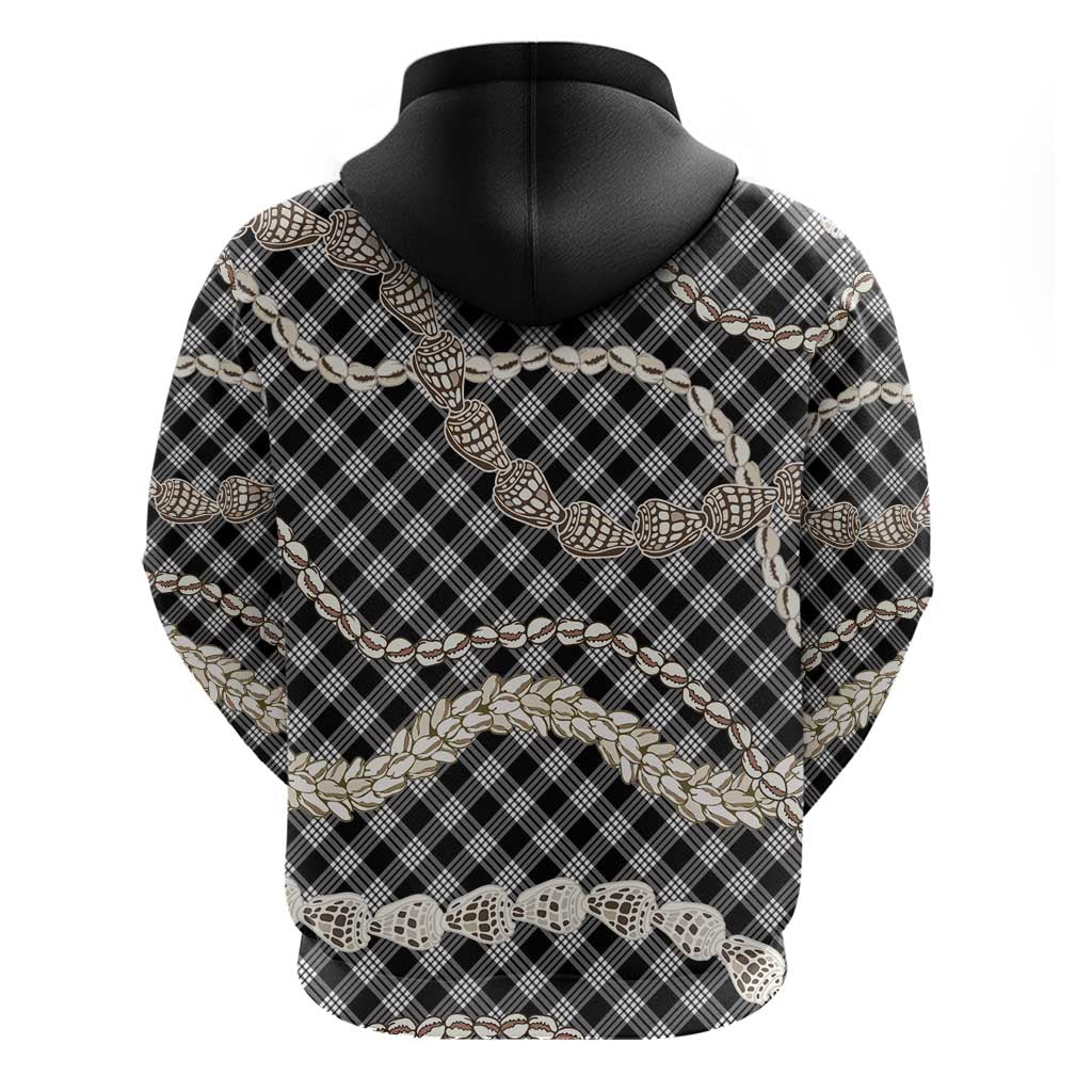 Black Aloha Hawaii Shell Lei Zip Hoodie Palaka Hebrew Cone Honey Cowrie Elegant Curves - Polynesian Pride