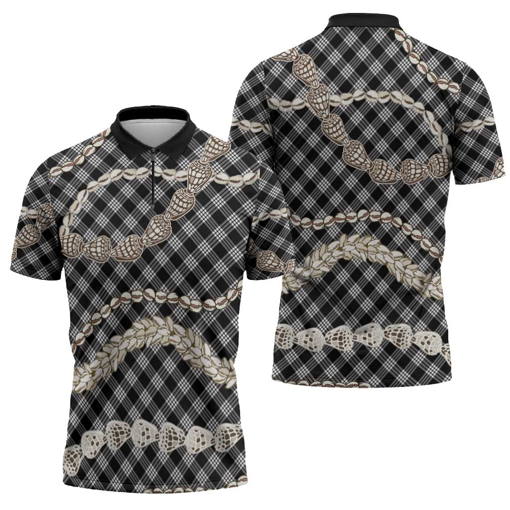 Black Aloha Hawaii Shell Lei Zipper Polo Shirt Palaka Hebrew Cone Honey Cowrie Elegant Curves - Polynesian Pride