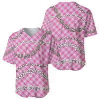 Pink Aloha Hawaii Shell Lei Baseball Jersey Palaka Hebrew Cone Honey Cowrie Elegant Curves - Polynesian Pride