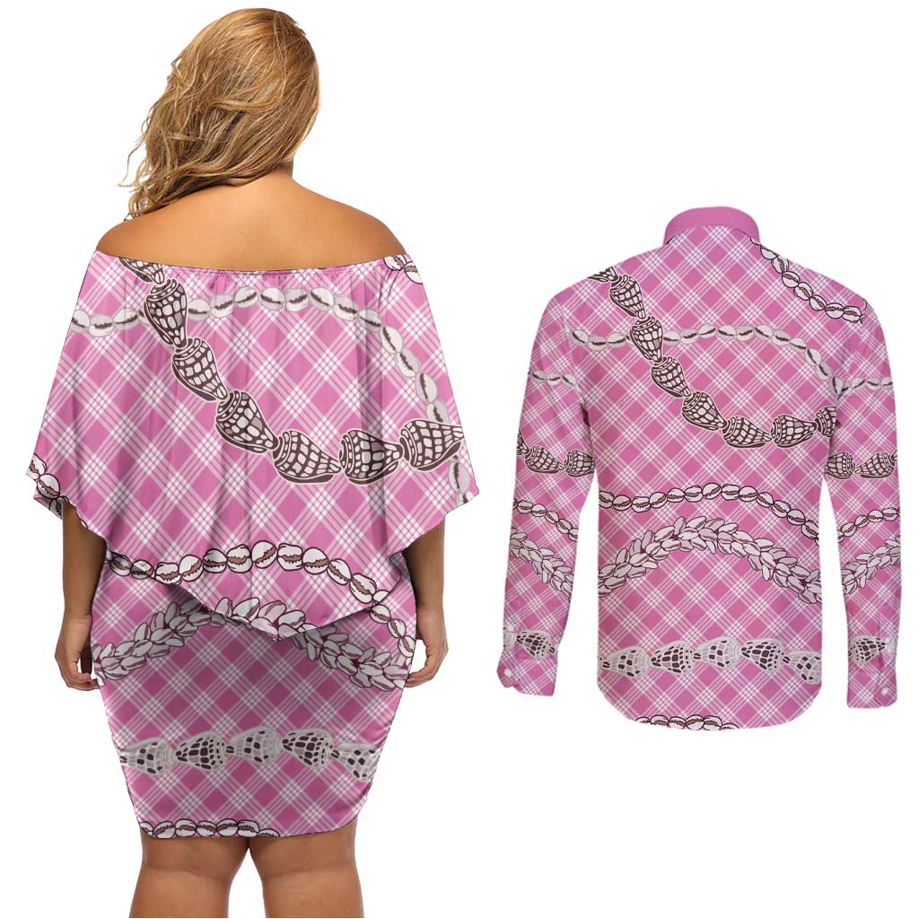 Pink Aloha Hawaii Shell Lei Couples Matching Off Shoulder Short Dress and Long Sleeve Button Shirt Palaka Hebrew Cone Honey Cowrie Elegant Curves - Polynesian Pride