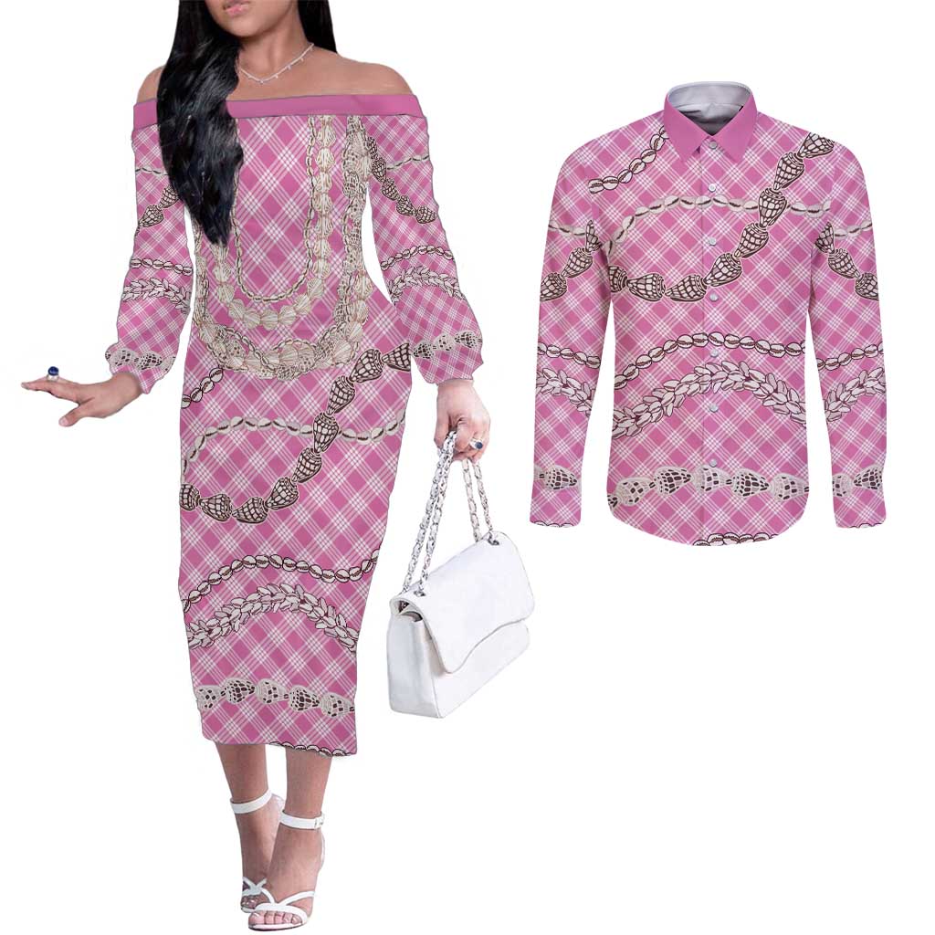 Pink Aloha Hawaii Shell Lei Couples Matching Off The Shoulder Long Sleeve Dress and Long Sleeve Button Shirt Palaka Hebrew Cone Honey Cowrie Elegant Curves - Polynesian Pride
