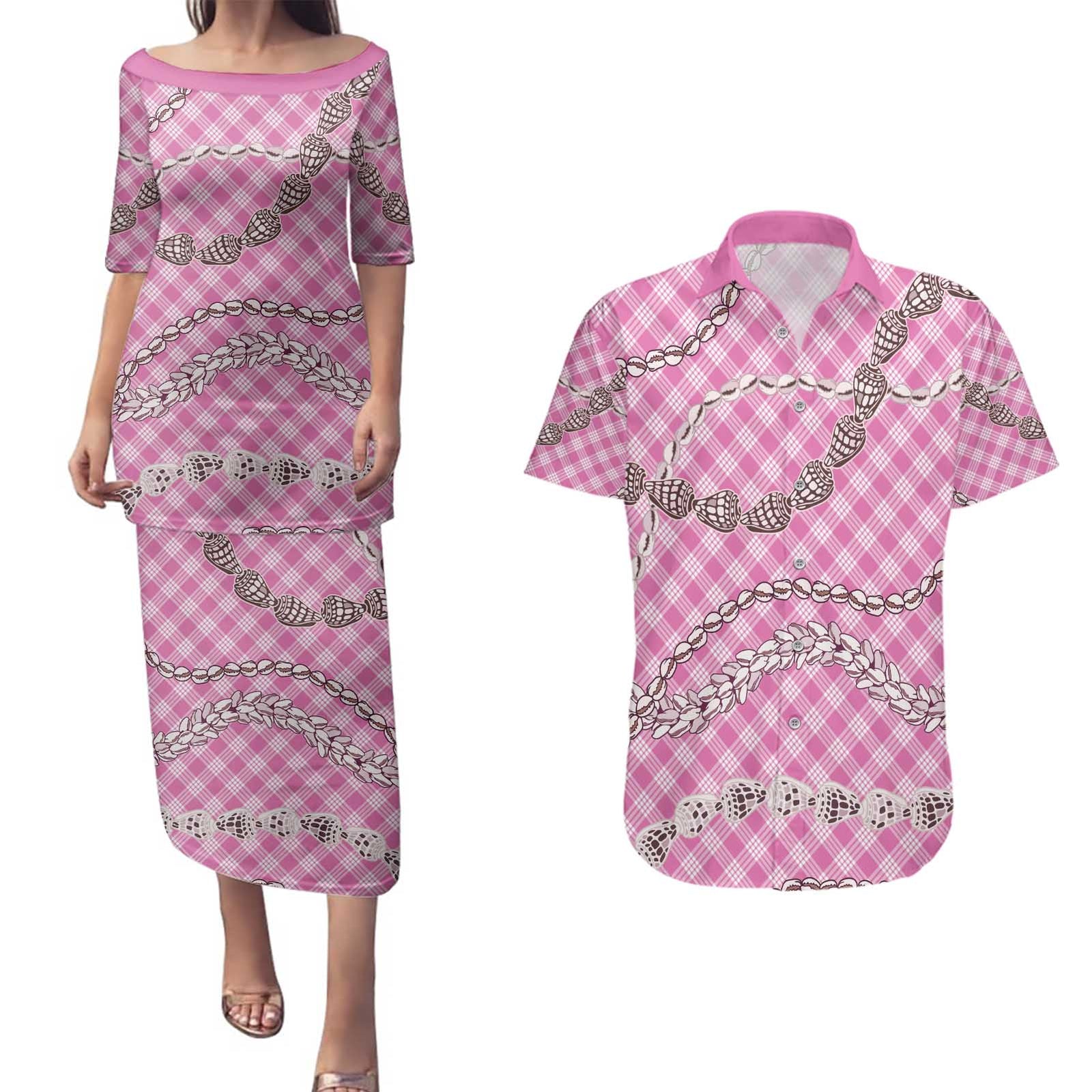 Pink Aloha Hawaii Shell Lei Couples Matching Puletasi and Hawaiian Shirt Palaka Hebrew Cone Honey Cowrie Elegant Curves - Polynesian Pride