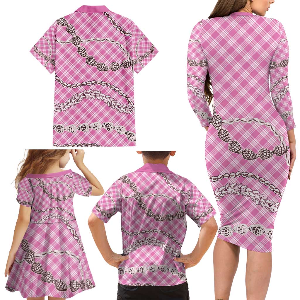 Pink Aloha Hawaii Shell Lei Family Matching Long Sleeve Bodycon Dress and Hawaiian Shirt Palaka Hebrew Cone Honey Cowrie Elegant Curves - Polynesian Pride
