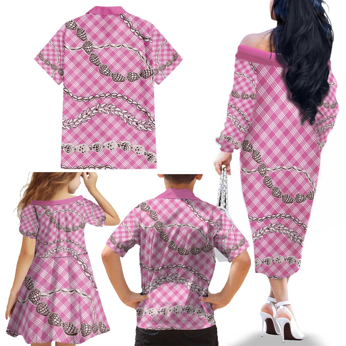 Pink Aloha Hawaii Shell Lei Family Matching Off The Shoulder Long Sleeve Dress and Hawaiian Shirt Palaka Hebrew Cone Honey Cowrie Elegant Curves - Polynesian Pride