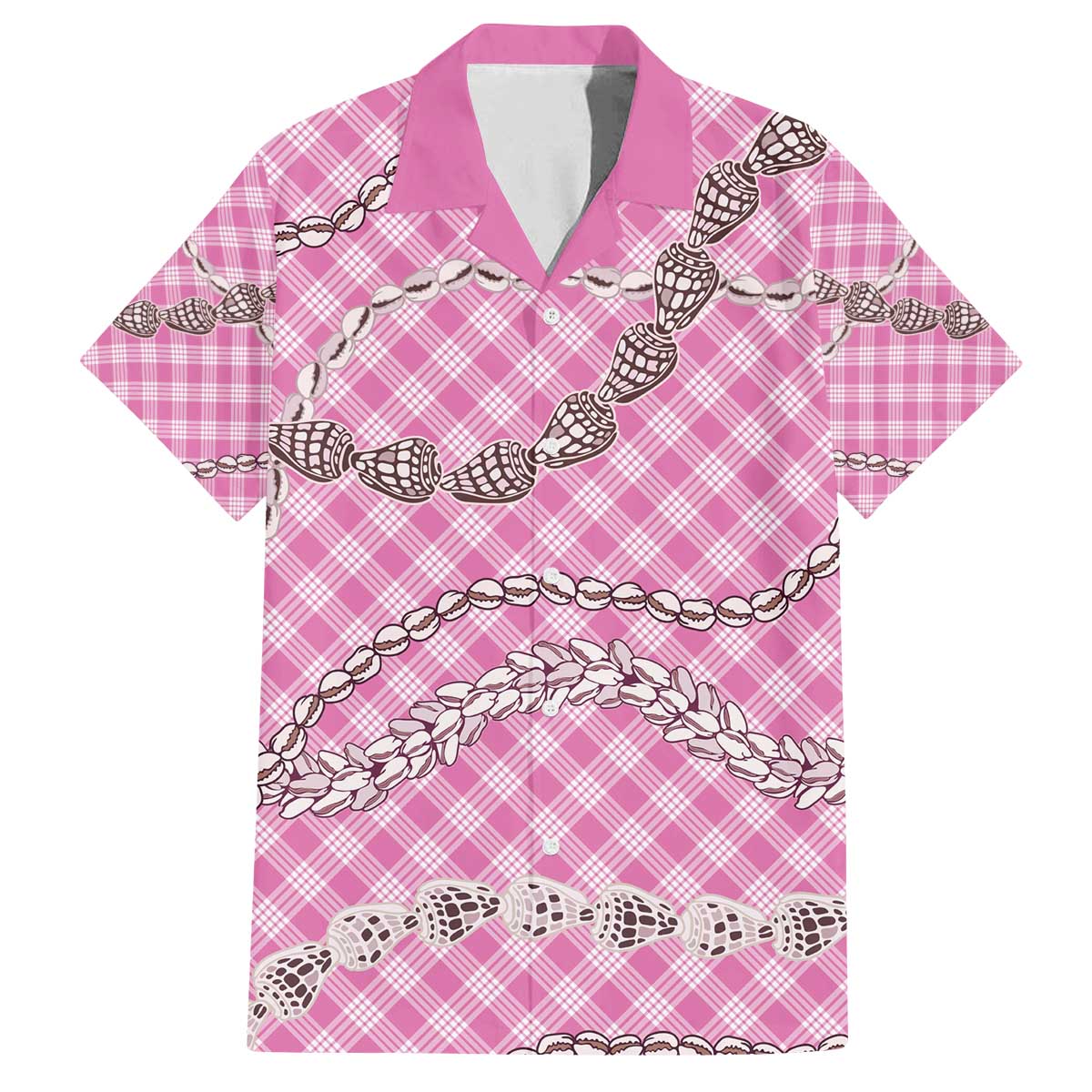 Pink Aloha Hawaii Shell Lei Family Matching Off The Shoulder Long Sleeve Dress and Hawaiian Shirt Palaka Hebrew Cone Honey Cowrie Elegant Curves - Polynesian Pride