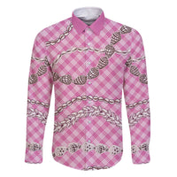 Pink Aloha Hawaii Shell Lei Family Matching Off The Shoulder Long Sleeve Dress and Hawaiian Shirt Palaka Hebrew Cone Honey Cowrie Elegant Curves - Polynesian Pride