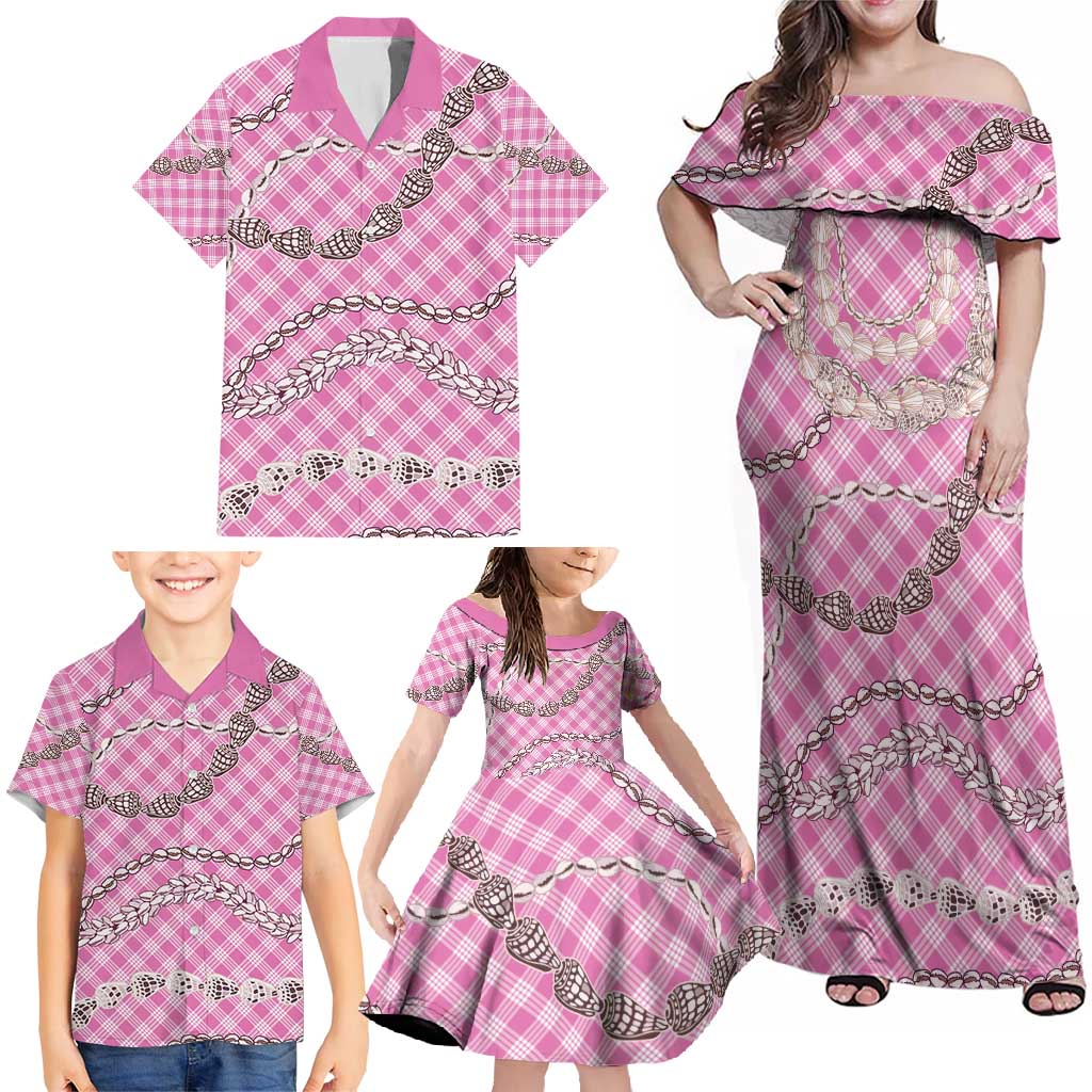 Pink Aloha Hawaii Shell Lei Family Matching Off Shoulder Maxi Dress and Hawaiian Shirt Palaka Hebrew Cone Honey Cowrie Elegant Curves - Polynesian Pride