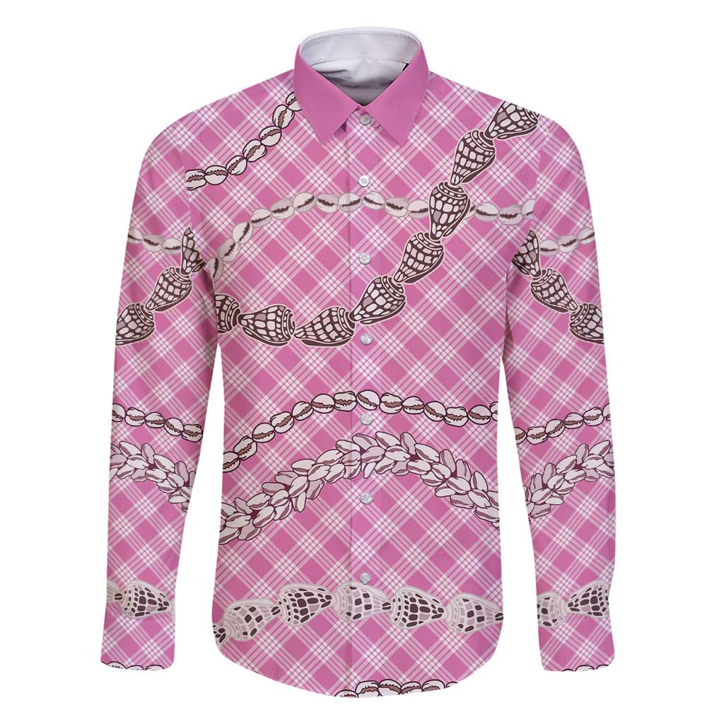 Pink Aloha Hawaii Shell Lei Family Matching Off Shoulder Maxi Dress and Hawaiian Shirt Palaka Hebrew Cone Honey Cowrie Elegant Curves - Polynesian Pride