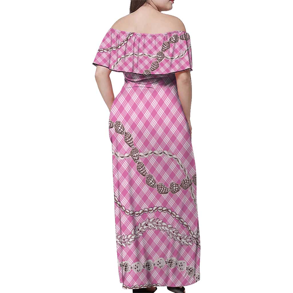 Pink Aloha Hawaii Shell Lei Family Matching Off Shoulder Maxi Dress and Hawaiian Shirt Palaka Hebrew Cone Honey Cowrie Elegant Curves - Polynesian Pride